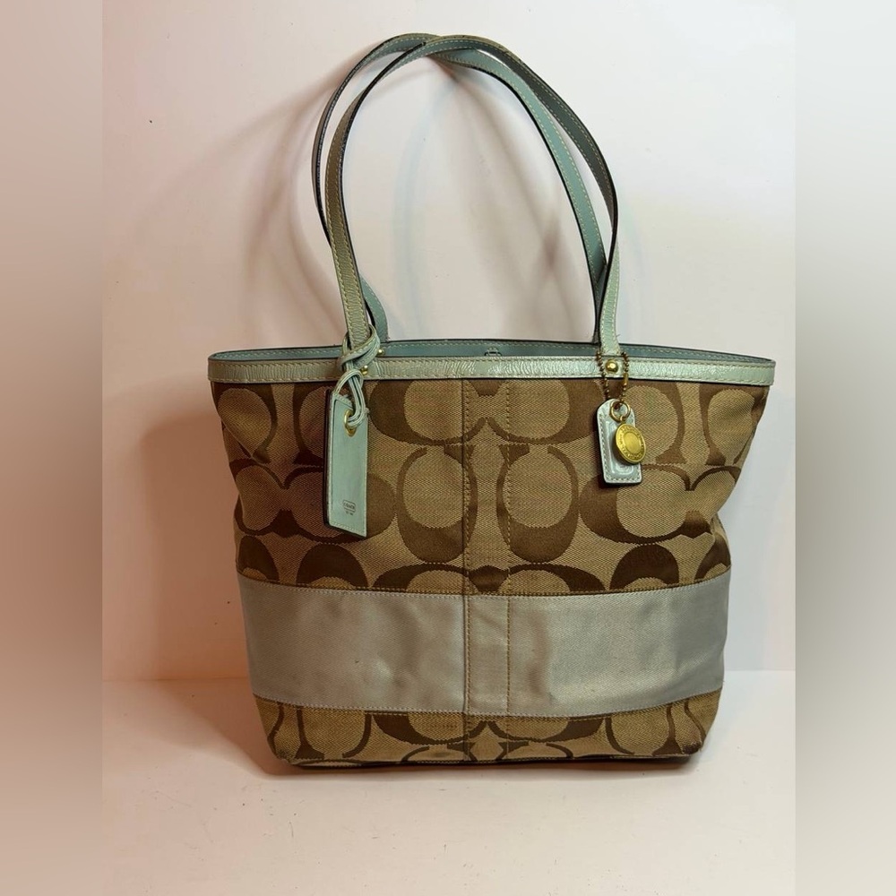 Coach Signature Stripe Tote Bag in Khaki Canvas with a Light Blue Leather Trim